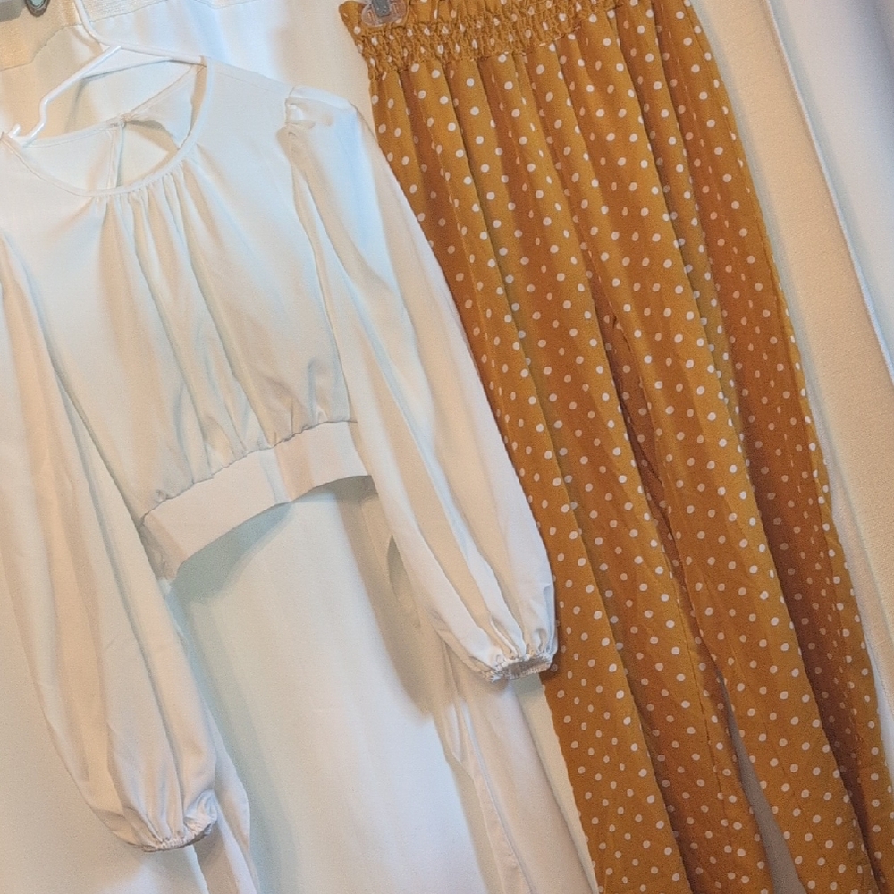 SHEIN White Blouse and Mustard Polka Dot Pants Set